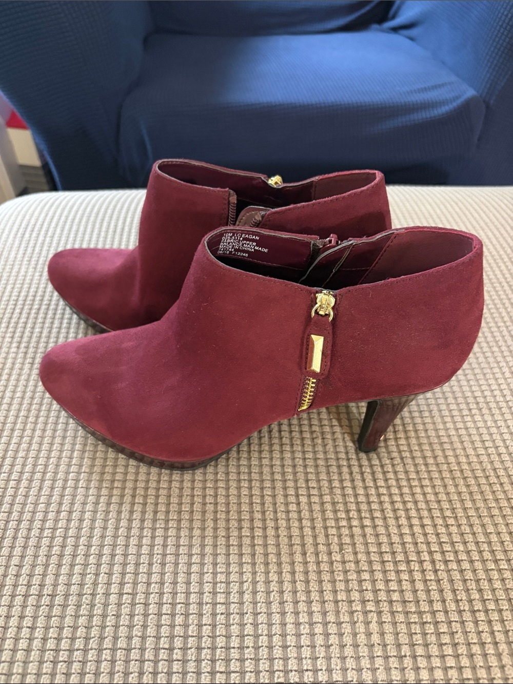 Liz Claiborne Wine Suede Ankle Booties with Gold Zip Detail